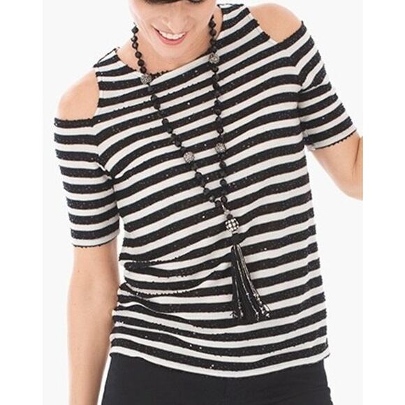 Chico's Sequin Striped Cold-Shoulder  Black White Top Size 2 Medium - Picture 1 of 5